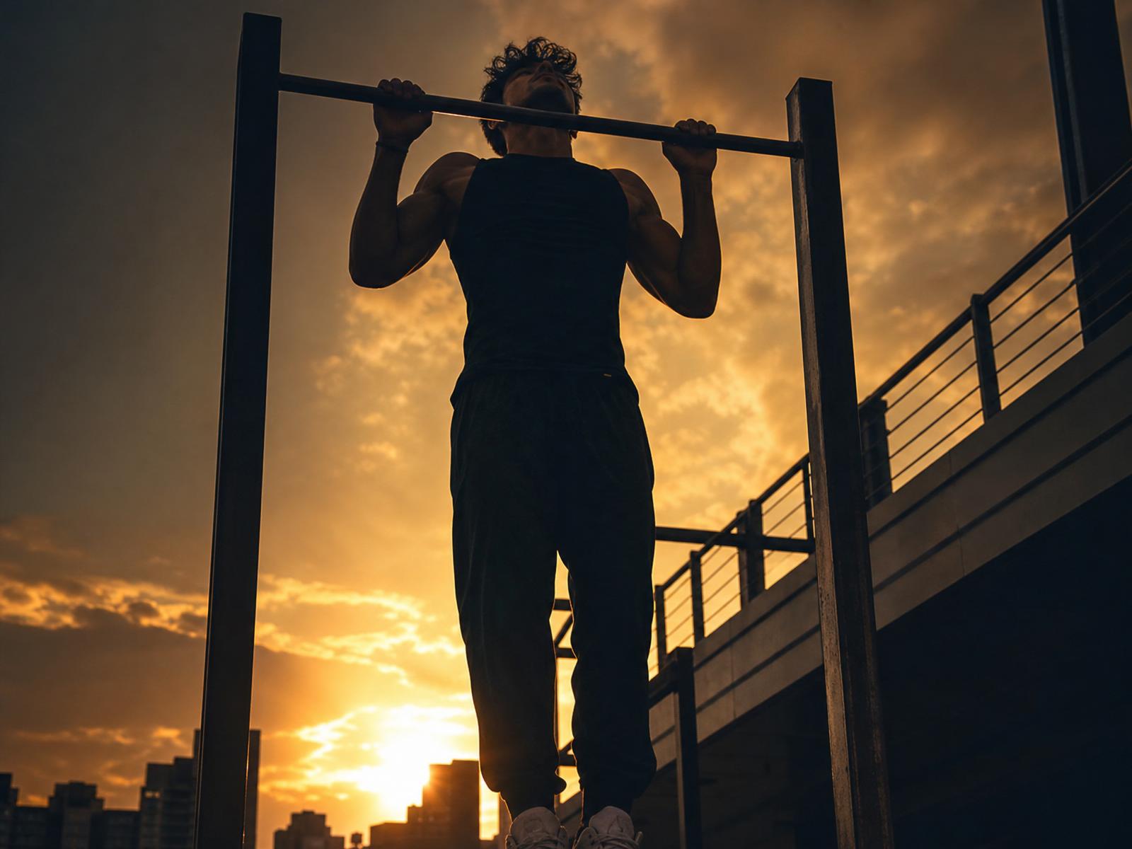 Athlete doing pull-ups at sunset